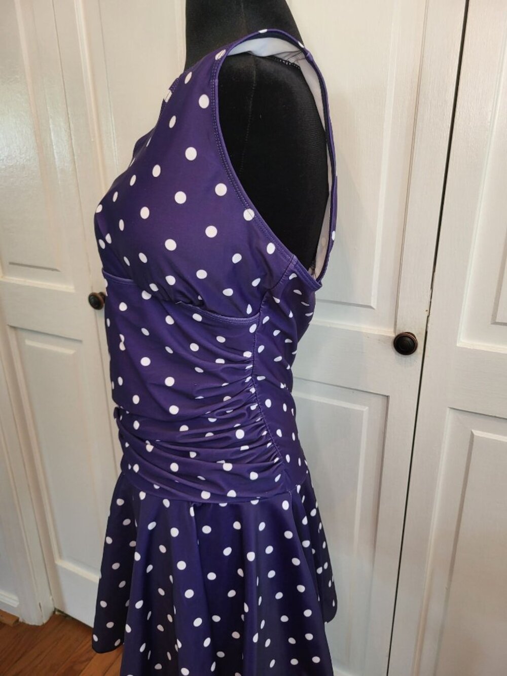 Navy White Polka Dot Retro Inspired Ruched Swim Dress XL Twee Pinup Rockabilly - Picture 8 of 10